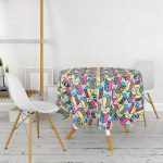 - MasaYuv-7843-Gorsel2 - Realhomes Beyaz Zemin Üzerinde Renkli Geometrik Desenli Dijital Baskılı Modern Yuvarlak Masa Örtüsü - Çap 140cm Realhomes