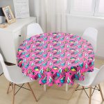 - MasaYuv-7848-Gorsel1 - Realhomes  Pembe Zeminli Modern Renkli Desenli Dijital Baskılı Modern Yuvarlak Masa Örtüsü - Çap 140cm Realhomes