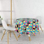 Renkli Zemin Üzerinde Modern Geometrik Küp Desenli Modern Yuvarlak Masa Örtüsü - Çap 140cm Realhomes