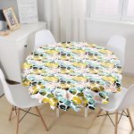 - MasaYuv-7885-Gorsel1 - Realhomes Beyaz Zemin Üzerinde Renkli Çizimli Geometrik Desen Yuvarlak Masa Örtüsü - Çap 140cm Realhomes