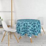 - MasaYuv-7913-Gorsel2 - Realhomes  Renkli Zemin Üzerinde Yaprak Desenli Dijital Baskılı Modern Yuvarlak Masa Örtüsü - Çap 140cm Realhomes