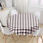 - MasaYuv-7924-Gorsel1 - Realhomes  Beyaz Zeminli Siyah Ekose Desenli Dijital Baskılı Modern Yuvarlak Masa Örtüsü - Çap 140cm Realhomes