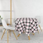 - MasaYuv-7924-Gorsel2 - Realhomes  Beyaz Zeminli Siyah Ekose Desenli Dijital Baskılı Modern Yuvarlak Masa Örtüsü - Çap 140cm Realhomes