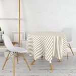 - MasaYuv-7947-Gorsel2 - Realhomes Beyaz Zemin Üzerinde Gold Detaylı Yatay Çizgili Modern Yuvarlak Masa Örtüsü - Çap 140cm Realhomes