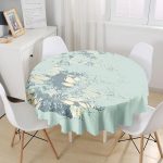 Pastel Zemin Üzerinde Gold Detaylı Yaprak Desenli Modern Yuvarlak Masa Örtüsü - Çap 140cm Realhomes