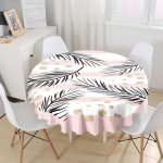 - MasaYuv-7995-Gorsel1 - Realhomes Beyaz Zemin Üzerinde Gold Detaylı Yaprak Desenli Modern Yuvarlak Masa Örtüsü - Çap 140cm Realhomes