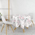 - MasaYuv-8004-Gorsel2 - Realhomes Pembe Beyaz Gül Gri Yapraklar Desenli Dijital Baskılı Modern Yuvarlak Masa Örtüsü - Çap 140cm Realhomes