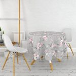 - MasaYuv-8010-Gorsel2 - Realhomes  Renkli Zemin Üzerinde Flamingo Desenli Yaprak Motifli Yuvarlak Masa Örtüsü - Çap 140cm Realhomes