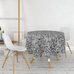 Siyah Zeminli Beyaz Geometrik Desenli Dijital Baskılı Modern Yuvarlak Masa Örtüsü - Çap 140cm Realhomes