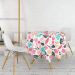 Beyaz Zeminli Renkli Yaprak Desenli Dijital Baskılı Modern Yuvarlak Masa Örtüsü - Çap 140cm Realhomes