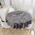 - MasaYuv-8145-Gorsel1 - Realhomes  Siyah Zemin Üzerinde Gold Detaylı Mermer Desenli Modern Yuvarlak Masa Örtüsü - Çap 140cm Realhomes