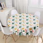 Beyaz Zemin Üzerinde Yaprak Desenli Dijital Baskılı Modern Yuvarlak Masa Örtüsü - Çap 140cm Realhomes