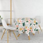 Beyaz Zemin Üzerinde Yaprak Desenli Dijital Baskılı Modern Yuvarlak Masa Örtüsü - Çap 140cm Realhomes