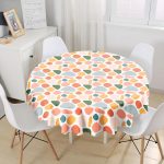 - MasaYuv-8159-Gorsel1 - Realhomes  Beyaz Zeminli Geometrik Desenli Dijital Baskılı Modern Yuvarlak Masa Örtüsü - Çap 140cm Realhomes