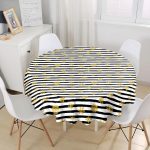 Beyaz Zemin Üzerinde Siyah Çizgili Gold Detaylı Kartanesi Yuvarlak Masa Örtüsü - Çap 140cm Realhomes