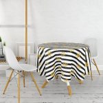 Beyaz Zemin Üzerinde Siyah Çizgili Gold Detaylı Kartanesi Yuvarlak Masa Örtüsü - Çap 140cm Realhomes