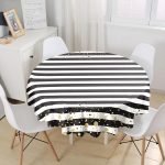 - MasaYuv-8224-Gorsel1 - Realhomes Beyaz Zemin Üzerinde Siyah Çizgili Gold Detaylı Modern Yuvarlak Masa Örtüsü - Çap 140cm Realhomes