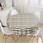 Beyaz Zemin Üzerinde Siyah Çizgili Gold Detaylı Yaprak Desenli Yuvarlak Masa Örtüsü - Çap 140cm Realhomes
