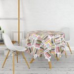 - MasaYuv-8253-Gorsel2 - Realhomes Beyaz Zemin Üzerinde Renkli Geometrik Desenli Dijital Baskılı Modern Yuvarlak Masa Örtüsü - Çap 140cm Realhomes