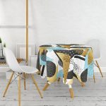 Beyaz Zemin Üzerinde Gold Detaylı Geometrik Desenli Yuvarlak Masa Örtüsü - Çap 140cm Realhomes