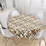 - MasaYuv-8277-Gorsel1 - Realhomes  Beyaz Zemin Üzerinde Renkli Geometrik Çizgili Dijital Baskılı Modern Yuvarlak Masa Örtüsü - Çap 140cm Realhomes