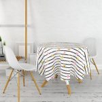 Beyaz Zemin Üzerinde Siyah Çizgili Renkli Yıldız Desenli Yuvarlak Masa Örtüsü - Çap 140cm Realhomes