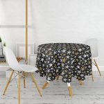 Siyah Zemin Üzerinde Gold Detaylı Beyaz Yıldız Desenli Yuvarlak Masa Örtüsü - Çap 140cm Realhomes