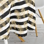 - MasaYuv-8313-Gorsel3 - Realhomes  Beyaz Zemin Üzerinde Gold Detaylı Yaprak Desenli Modern Yuvarlak Masa Örtüsü - Çap 140cm Realhomes