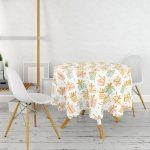 - MasaYuv-8316-Gorsel2 - Realhomes  Beyaz Zemin Üzerinde Gold Detaylı Hediye Paketi Desenli Yuvarlak Masa Örtüsü - Çap 140cm Realhomes