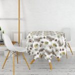 Beyaz Zemin Üzerinde Kozalak Desenli Dijital Baskılı Modern Yuvarlak Masa Örtüsü - Çap 140cm Realhomes