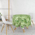 Beyaz Zemin Üzerinde Yeşil Yaprak Desenli Yuvarlak Masa Örtüsü - Çap 140cm Realhomes