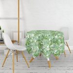 Beyaz Zemin Üzerinde Yeşil Yaprak Desenli Yuvarlak Masa Örtüsü - Çap 140cm Realhomes