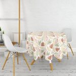 Beyaz Zemin Üzerinde Sonbahar Yapraklı Kozalak Desenli Yuvarlak Masa Örtüsü - Çap 140cm Realhomes