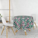 - MasaYuv-8379-Gorsel2 - Realhomes Beyaz Zemin Üzerinde Siyah Beyaz Çizgili Yeşil Yaprak Desenli Yuvarlak Masa Örtüsü - Çap 140cm Realhomes