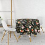 Siyah Zemin Üzerinde Çiçek Desenli Kuş Figurlu Modern Yuvarlak Masa Örtüsü - Çap 140cm Realhomes