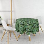 - MasaYuv-8428-Gorsel2 - Realhomes Siyah Zemin Üzerinde Yeşil Yaprak Desenli Yuvarlak Masa Örtüsü - Çap 140cm Realhomes
