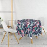 - MasaYuv-8433-Gorsel2 - Realhomes  Renkli Zeminli Soyut Yaprak Desenli Dijital Baskılı Modern Yuvarlak Masa Örtüsü - Çap 140cm Realhomes