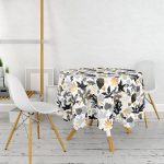 Beyaz Zemin Üzerinde Gold Detaylı Yaprak Desenli Modern Yuvarlak Masa Örtüsü - Çap 140cm Realhomes