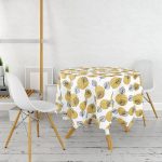 Beyaz Zemin Üzerinde Gold Puantiyeli Yaprak Desenli Yuvarlak Masa Örtüsü - Çap 140cm Realhomes