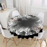 - MasaYuv-8443-Gorsel1 - Realhomes Siyah Zemin Üzerinde Beyaz Yaprak Desenli Yuvarlak Masa Örtüsü - Çap 140cm Realhomes