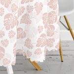 Pastel Zeminli Beyaz Yaprak Desenli Dijital Baskılı Modern Yuvarlak Masa Örtüsü - Çap 140cm Realhomes