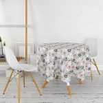 - MasaYuv-8457-Gorsel2 - Realhomes  Pastel Zemin Üzerinde Yaprak Desenli Dijital Baskılı Modern Yuvarlak Masa Örtüsü - Çap 140cm Realhomes