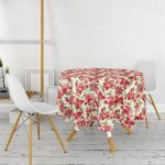 - MasaYuv-8462-Gorsel2 - Realhomes  Beyaz Zeminli Renkli Yaprak Desenli Dijital Baskılı Modern Yuvarlak Masa Örtüsü - Çap 140cm Realhomes