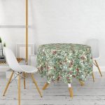 - MasaYuv-8467-Gorsel2 - Realhomes Beyaz Zemin Üzerinde Yaprak Desenli Kiraz Motifli Modern Yuvarlak Masa Örtüsü - Çap 140cm Realhomes