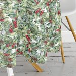 - MasaYuv-8467-Gorsel3 - Realhomes Beyaz Zemin Üzerinde Yaprak Desenli Kiraz Motifli Modern Yuvarlak Masa Örtüsü - Çap 140cm Realhomes