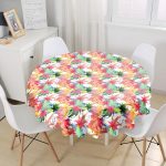 - MasaYuv-8473-Gorsel1 - Realhomes  Beyaz Zeminli Renkli Yaprak Desenli Dijital Baskılı Modern Yuvarlak Masa Örtüsü - Çap 140cm Realhomes
