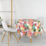 - MasaYuv-8473-Gorsel2 - Realhomes  Beyaz Zeminli Renkli Yaprak Desenli Dijital Baskılı Modern Yuvarlak Masa Örtüsü - Çap 140cm Realhomes