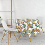 - MasaYuv-8478-Gorsel2 - Realhomes Beyaz Zeminli Sonbahar Yaprak Desenli Dijital Baskılı Modern Yuvarlak Masa Örtüsü - Çap 140cm Realhomes