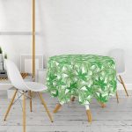 Beyaz Zemin Üzerinde Yeşil Yaprak Desenli Yuvarlak Masa Örtüsü - Çap 140cm Realhomes