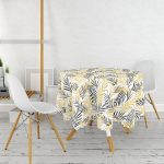 - MasaYuv-8489-Gorsel2 - Realhomes  Beyaz Zemin Üzerinde Gold Detaylı Yaprak Desenli Modern Yuvarlak Masa Örtüsü - Çap 140cm Realhomes
